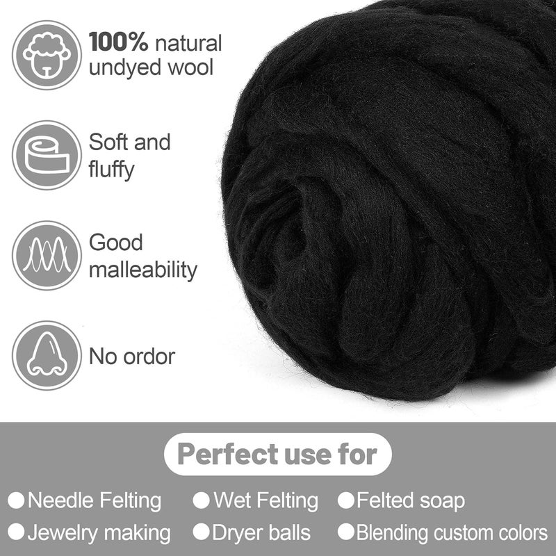 Big Gun Natural Wool Roving - 8.8 oz Fibre Roving Yarn Needle Felting Wool Hand Spinning for Beginners Adult DIY Craft Supplies Materials - Black - Image 3